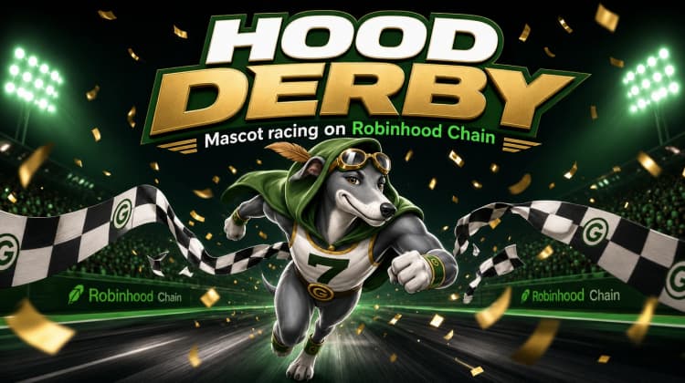 Hood Derby billboard — mascot racing on Robinhood Chain