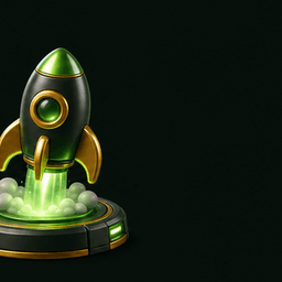 3D rocket icon lifting off a launchpad