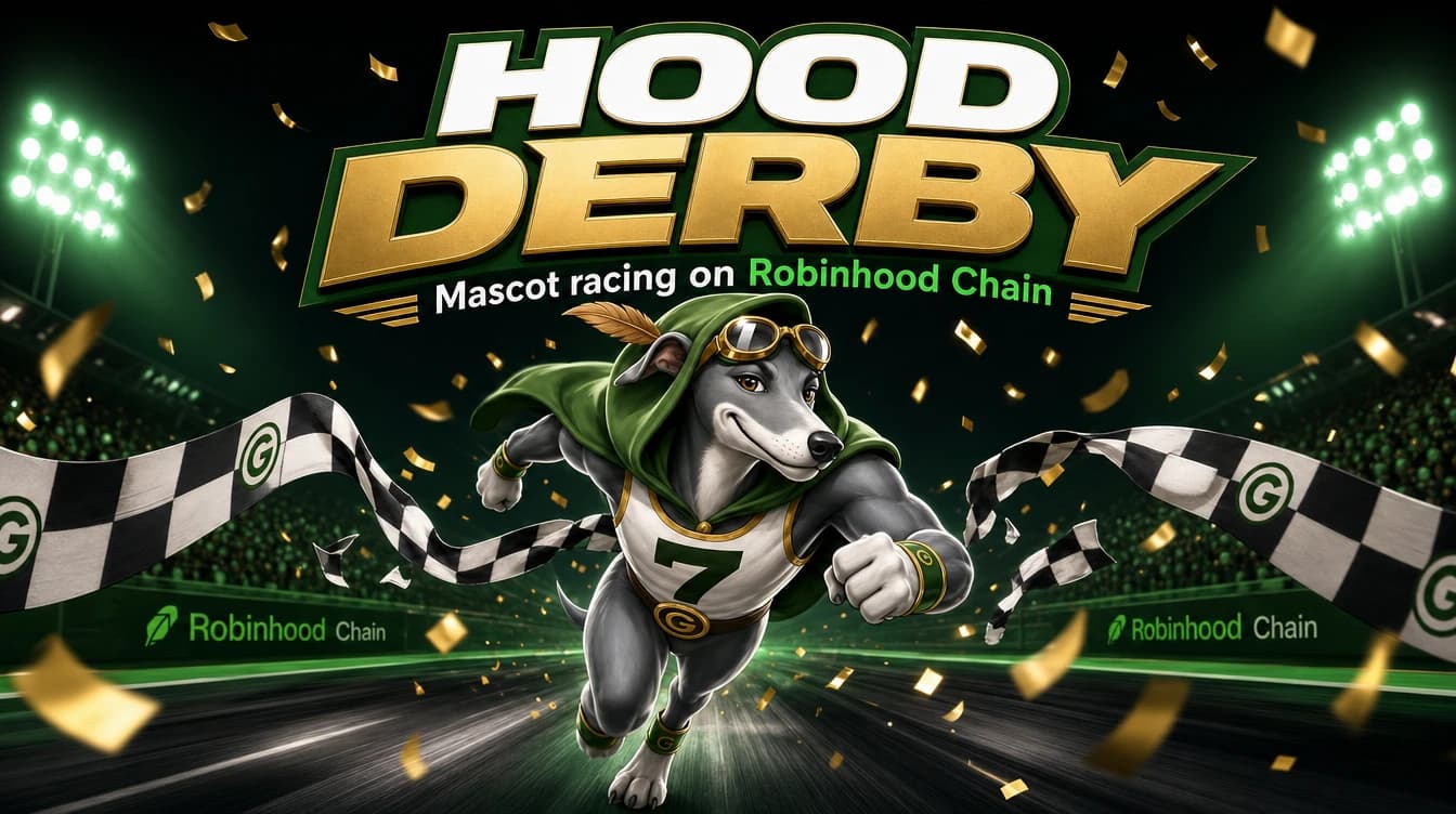 Hood Derby banner — mascot breaking the finish tape on Robinhood Chain